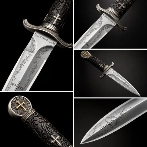 ⚔️ Cuțit medieval tip pumnal de cruciat cu lamă din oțel inoxidabil gravată și mâner cu emblemă în formă de cruce – Piesă de colecție de cavaler gotic