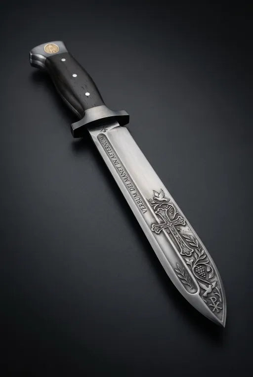 🔥 Cuțit cu lamă fixă de cavaler medieval – Lamă din oțel inoxidabil gravată în cruce și mâner ergonomic din lemn