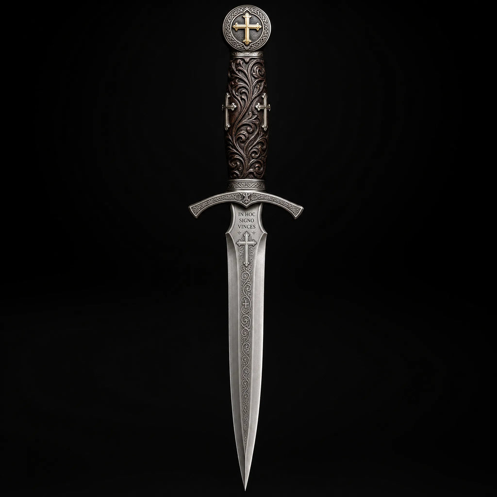 ⚔️ Cuțit medieval tip pumnal de cruciat cu lamă din oțel inoxidabil gravată și mâner cu emblemă în formă de cruce – Piesă de colecție de cavaler gotic