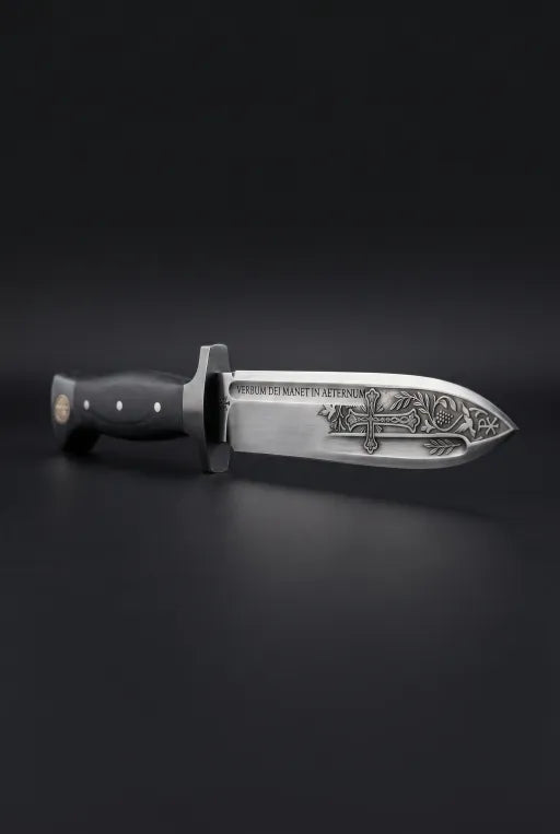 🔥 Cuțit cu lamă fixă de cavaler medieval – Lamă din oțel inoxidabil gravată în cruce și mâner ergonomic din lemn