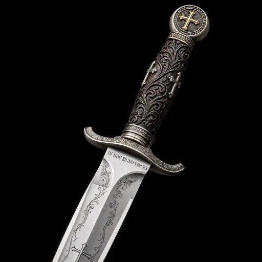 ⚔️ Cuțit medieval tip pumnal de cruciat cu lamă din oțel inoxidabil gravată și mâner cu emblemă în formă de cruce – Piesă de colecție de cavaler gotic